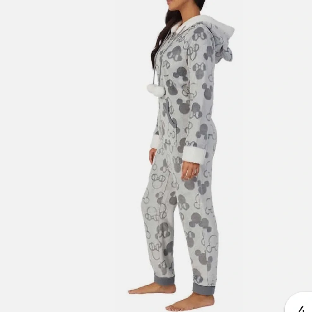 Disney Mickey & Minnie One Piece Fleece Hooded Zip Front Pajamas Size Large - Picture 5 of 11
